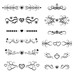 Obraz premium Decorative page divider. Isolated vector icons set on white background. Holiday elements for romantic purposes. Hearts. Valentine's Day. Original scroll elements. Borders