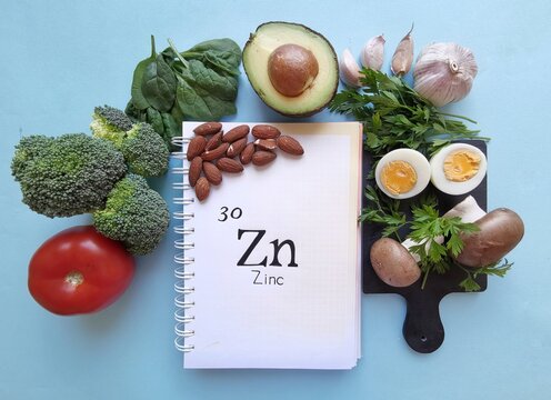Food rich in zinc with the chemical symbol Zn for the chemical element zinc. Natural products containing zinc, dietary fiber and vitamins. Healthy sources of zinc, healthy diet food.