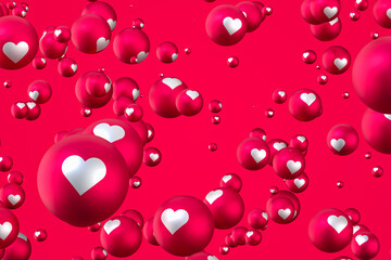 Facebook reactions heart emoji 3d render on red background,social media balloon symbol with heart,Happy Valentines Day card