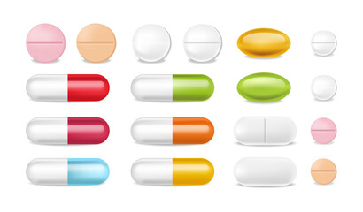 Pills vector realistic. Advertise banner medical pile of different medicine 3d illustrations