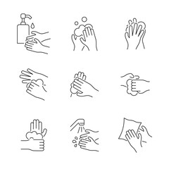 Hand washing line icon set on white background. Hand hygiene vector illustration. Editable stroke