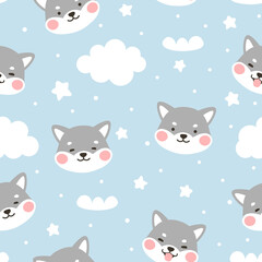 Dog Seamless Pattern Background, Happy shiba inu with dog paw and bone, Cartoon Shiba Dog Vector illustration, scandinavian wallpaper background