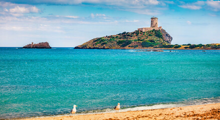 Bright morning view of Torre del Coltellazzo o di Sant'Efisio tower. Attractive summer scene of...