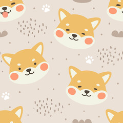 Dog Seamless Pattern Background, Happy shiba inu with dog paw and bone, Cartoon Shiba Dog Vector illustration, scandinavian wallpaper background