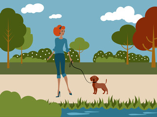 The Young Woman Walks a Dog in Urban Park Illustration