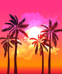 Obraz na płótnie Canvas Palm silhouettes on summer sunset with beautiful sky background. Tropical sunset, summer paradise. Vector illustration.