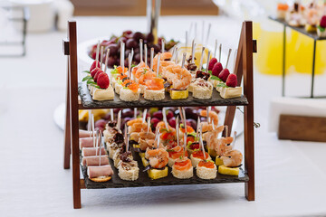 Different light snack appetizer on tray at the table