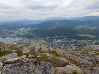 Fototapeta na wymiar beautiful northern city of Mosjøen seen from the øyfjellet mountain in summer