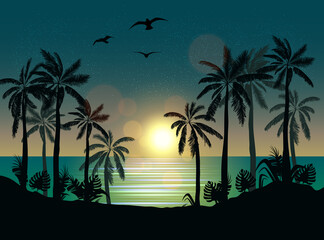 Summer beach night palm silhouettes on summer sunset with beautiful night sky background. Tropical sunset, summer paradise. Vector illustration.
