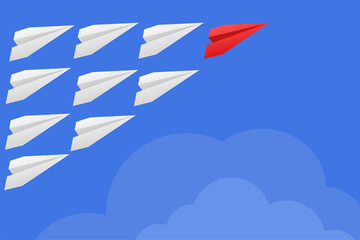 Paper airplanes in the sky. One red plane and many white. The concept of leadership, teamwork. Vector illustration