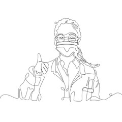 Woman wearing blue surgical mask and latex gloves giving thumbs up. Hospital-one line art