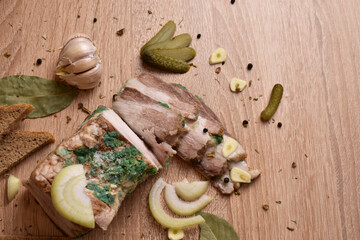 snacks on the table. bread, lard, cucumbers