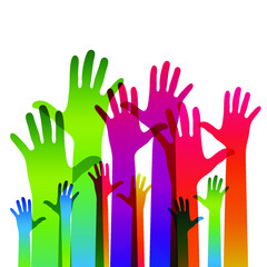 Hands on a light background. Colorful silhouettes arms.  Vector team, help, friendship symbol illustration.