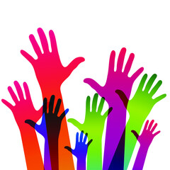 Hands on a light background. Colorful silhouettes arms. Vector team, help, friendship symbol illustration.