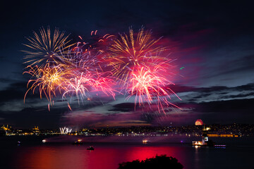 Fireworks over Bosphorus Strait, Istanbul, Turkey