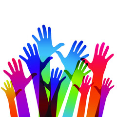 Hands on a light background. Colorful silhouettes arms.  Vector team, help, friendship symbol illustration.