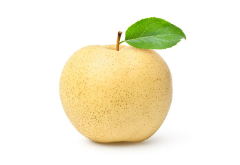 Chinese pear with green leaf isolated on white background. Clipping path.