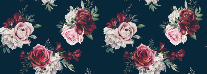 Motif floral sans couture avec des fleurs sur fond sombre, aquarelle. Conception de modèles pour les textiles, l& 39 intérieur, les vêtements, le papier peint. Art botanique