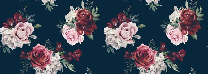 Photo sur Plexiglas Roses Motif floral sans couture avec des fleurs sur fond sombre, aquarelle. Conception de modèles pour les textiles, l& 39 intérieur, les vêtements, le papier peint. Art botanique