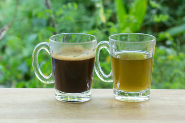 Thai Black Coffee and hot Tea on  Wooden Bar