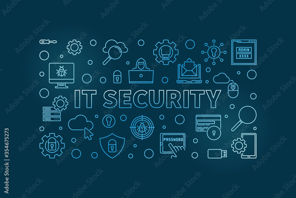 Wall mural it security vector concept outline blue modern horizontal illustration or banner on dark background