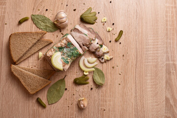 snacks on the table. bread, lard, cucumbers