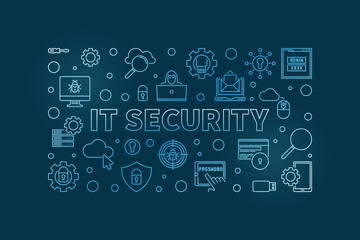 IT Security vector concept outline blue modern horizontal illustration or banner on dark background