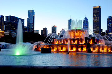 Chicago downtown city view at twilight and right before dusk with water fountain starting to light...
