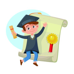 graduate boy with diploma jumping for joy vector illustration