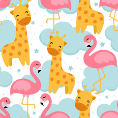 Naklejka premium Flamingo and Giraffe Cute Seamless Pattern, Animal Summer Wallpaper Background, Cartoon Vector illustration