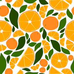 Seamless Fruit Pattern. Colourful Vector Oranges with leaves. Cut and whole Orange in modern style. Isolated bright orange Citruses on white background