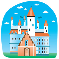 Medieval castle with white towers and red tiles, vintage flat vector stock illustration with retro architecture or building