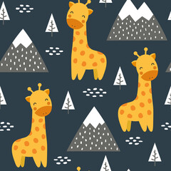 Flamingo and Giraffe Cute Seamless Pattern, Animal Summer Wallpaper Background, Cartoon Vector illustration