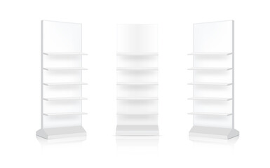 Mock up Realistic Banner Shelf Kiosk Display 3D POP Booth for Sale Marketing Promotion  Background Illustration. Event Exhibition Concept Design.