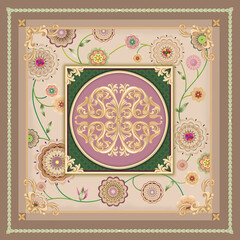 floral-graphic ornament in a square created of pastel-colored for textile
