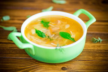 spring soup with vermicelli, vegetables and herbs