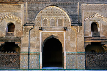 Ornate entrance to the historic Kairaouin Mosque deep inside the medina of Fes in Morocco