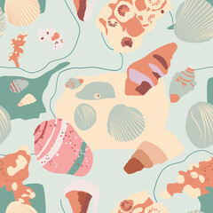 Hand drawn vector ocean set trendy seamless pattern with corals and different seashells in minimalistic pastel colors.Hidrobia, cerastoderma lamarcki, rapana venosa, tellina and abstract background