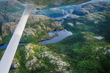 Aerial view and top view river, forest and lakes in Norway.
