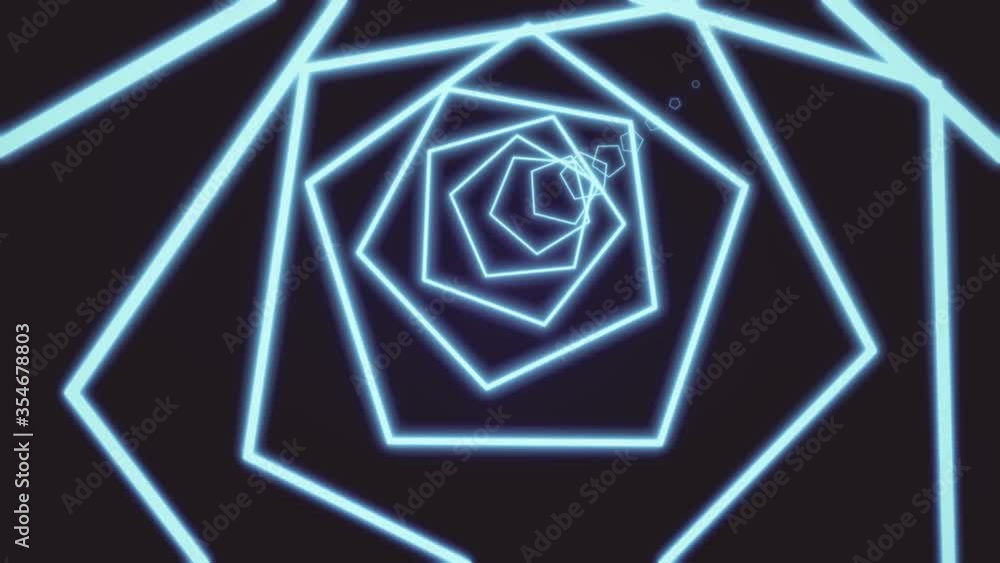 Poster computer generated abstract neon pentagon tunnel consisting of moving bright lines in blue color on 
