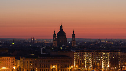 Budapest skyline of St. Stephen's Basilica before sunrise in winter