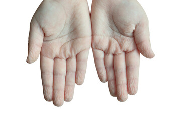 Wrinkled baby hands after a long bath, isolated on white