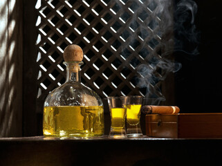 Close up view of bottle of tequila anejo and cigar on color background - 354679047