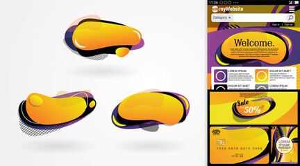 Liquid amoeba icons with contrast yellow & purple theme for graphic design element & usable sample for templates of smartphone website, banner, pocket card and book cover.