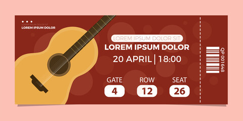 Music concert guitar Ticket icon vector illustration in the flat style. Ticket stub isolated on a background. Retro cinema or movie tickets.