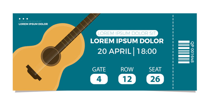 Music concert guitar Ticket icon vector illustration in the flat style. Ticket stub isolated on a background. Retro cinema or movie tickets.