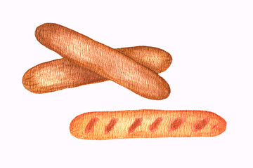 Watercolor illustration On paper with a well-defined texture. National Hot Dog Day. Watercolor sausage closeup isolated on white background. Hand painting on paper