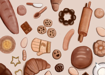 bakery background. Hand drawing. Bread house and chocolate on brown background. Layout with free copy (text) space.