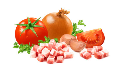 Amatriciana sauce ingredients. Tomato, onion, garlic, red hot chilli pepper and Italian bacon isolated on white background