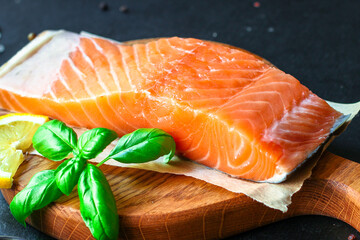 salmon fish red variety fresh seafood Menu concept serving size. food background top view copy space for text keto or paleo pescatarian diet organic healthy eating